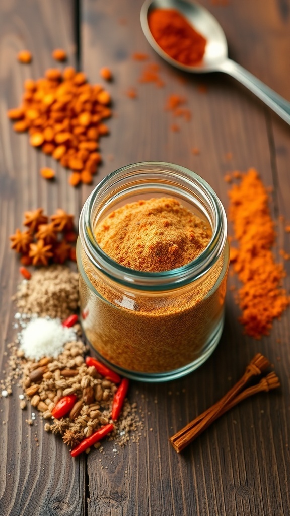 Homemade Old Bay Seasoning Recipe A jar of homemade Old Bay seasoning with scattered spices on a wooden table.